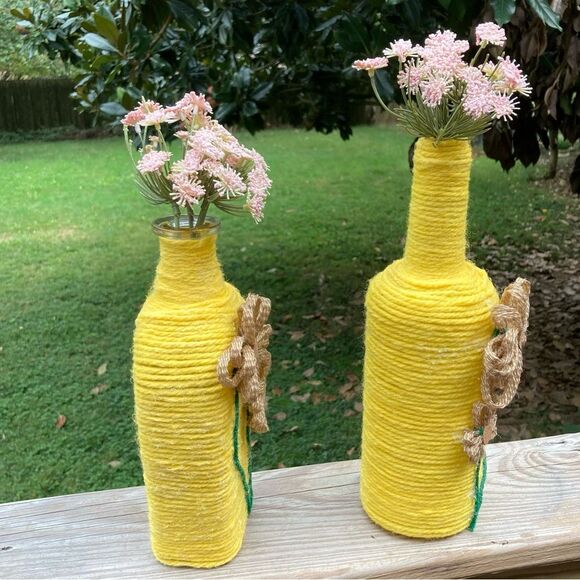Bud Vases Recycled Glass Flower Yarn Wrapped Yellow Brown Green Set of 2 - Picture 13 of 14